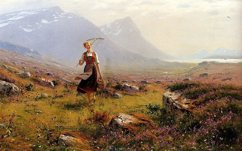 美景里，阳光下，干活的女子，浪漫！挪威艺术家Hans Dahl